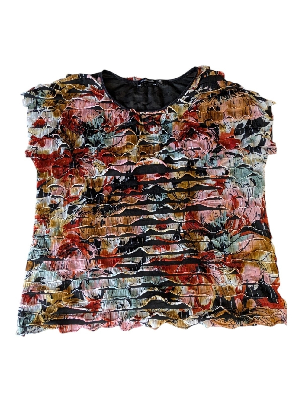 Notations Womens XL Ruffle Blouse Floral Stretch Lined Top Short Sleeve Colorful